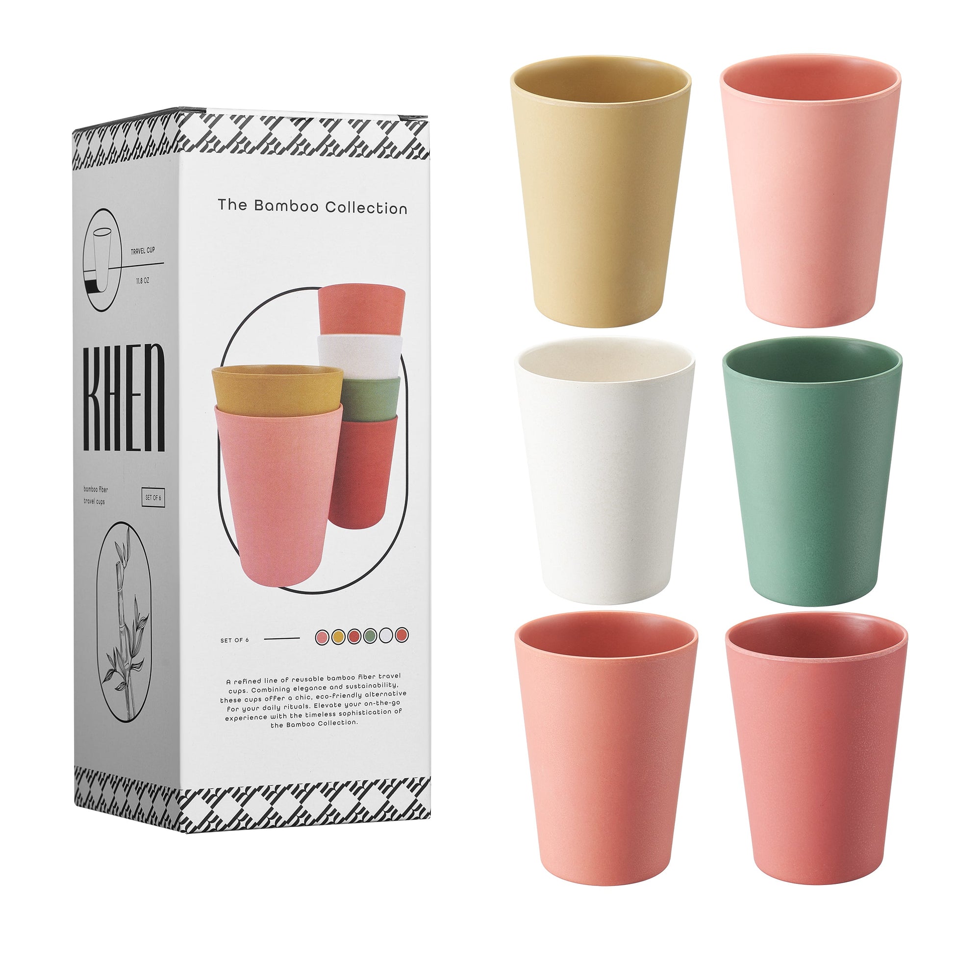 Set of 6 bamboo tumblers with wheat, pink, coral, green, and white cups