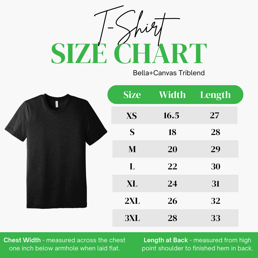 Black t-shirt with size chart for Bella+Canvas Triblend shirts on a white background