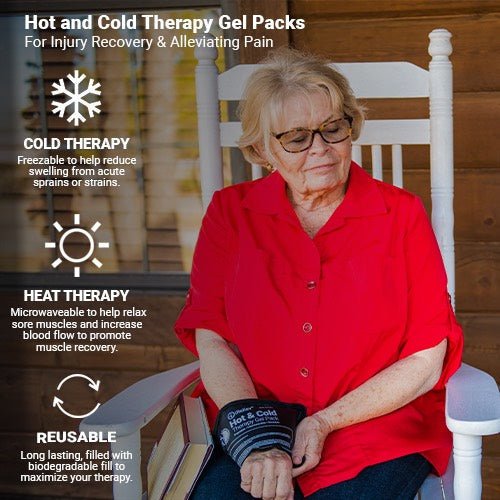 Hot and cold therapy gel pack held on lap by an older woman in a red shirt.