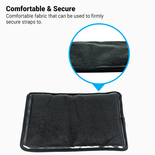 Black therapy gel pack with textured fabric and side securement straps shown close-up.