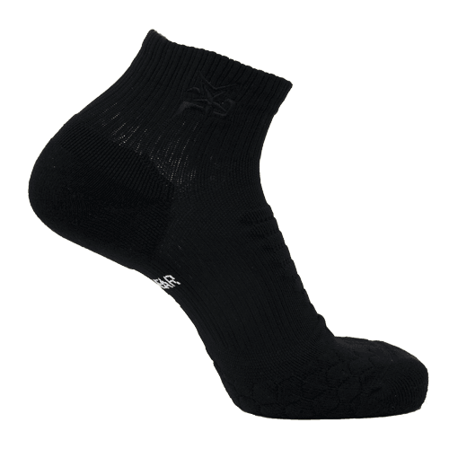 Ankle compression socks, black knit with gray cushioned toe and heel