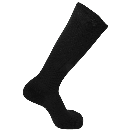 AMP leg compression socks, black with cushioned gray heel and toe, subtle logo