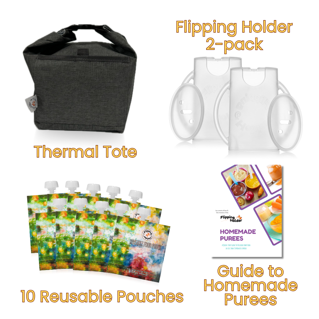 Thermal tote bag with 2-pack flipper-style holders, reusable pouch packs, and guide cards