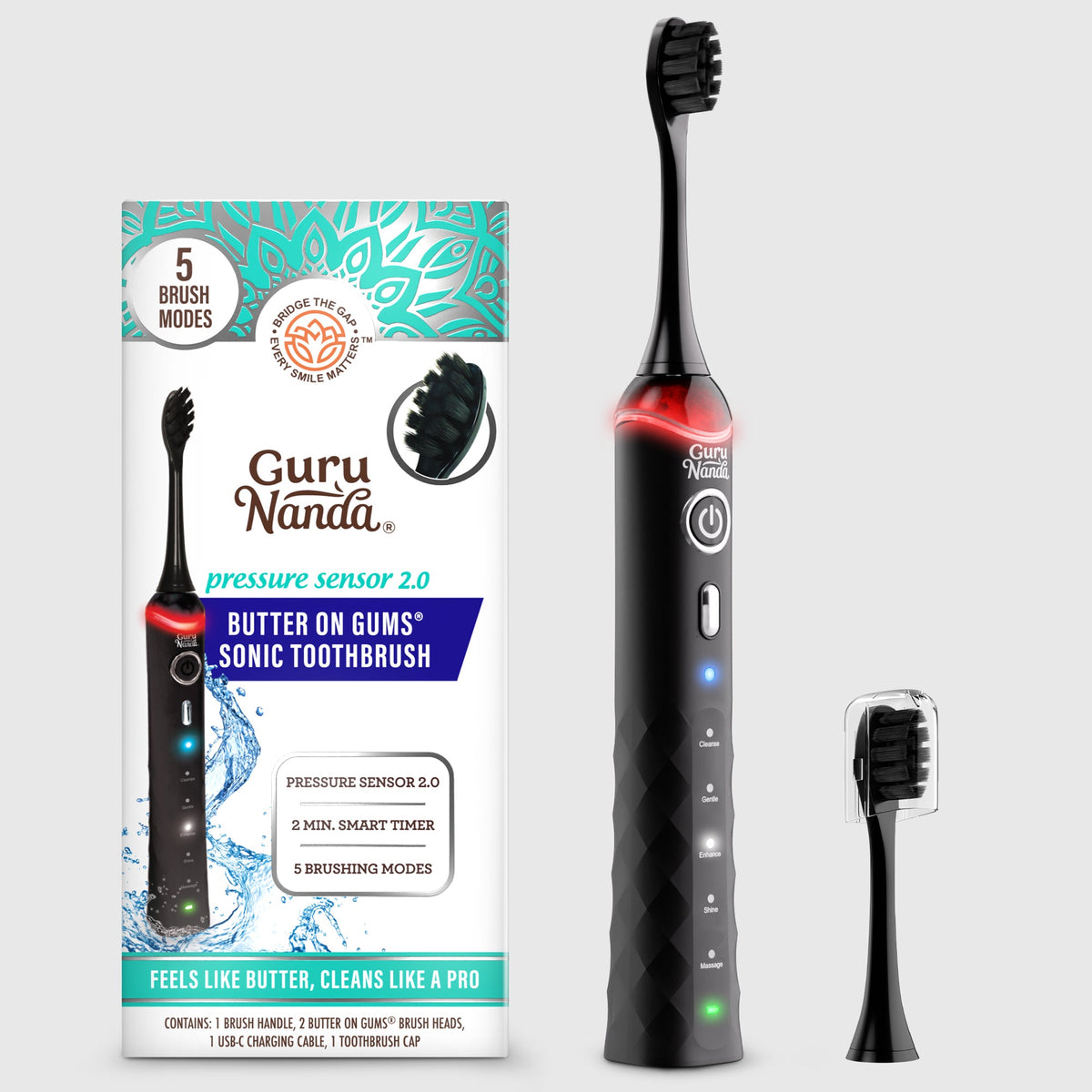 Electric toothbrush with pressure sensor, black handle with red power light and upright brush head