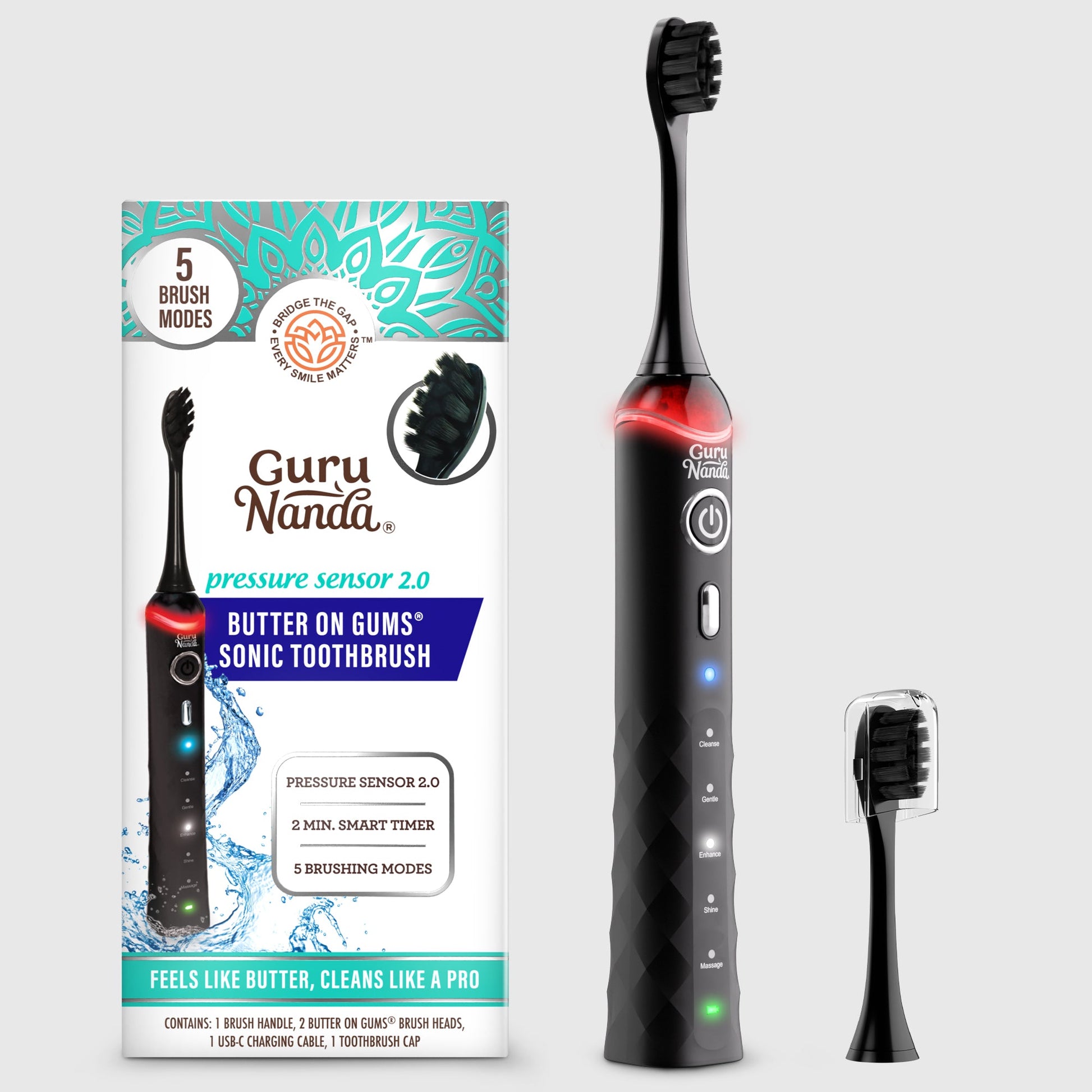 Electric toothbrush with pressure sensor, black handle with red power light and upright brush head