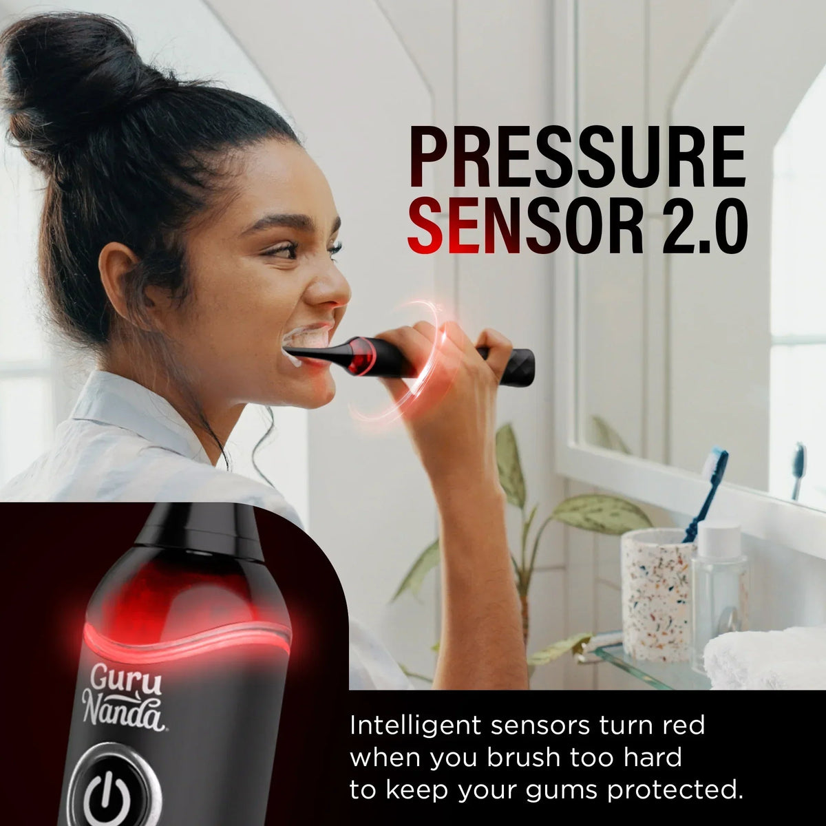Electric toothbrush with pressure sensor light, black handle brushing in a bathroom setting