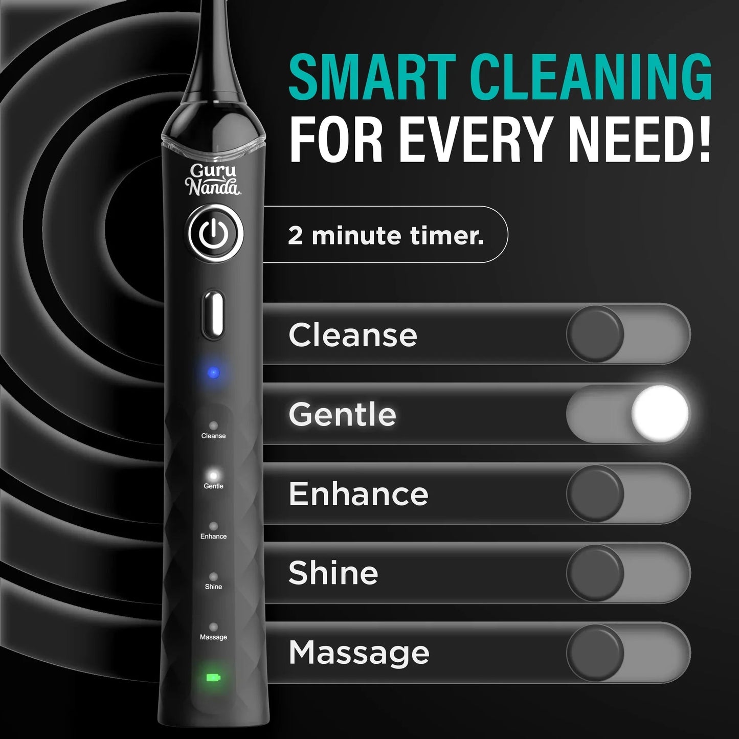 Electric toothbrush with smart cleaning buttons and glowing blue and green indicator lights
