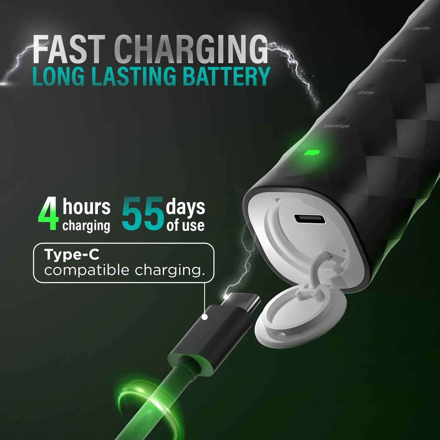 Electric toothbrush charging with USB-C cable, showing a green charging light