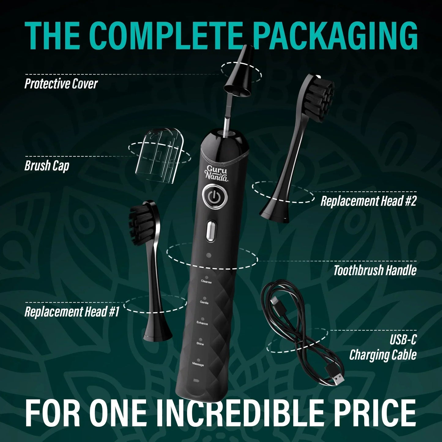 Electric toothbrush set with replacement heads, brush caps, and USB-C charging cable