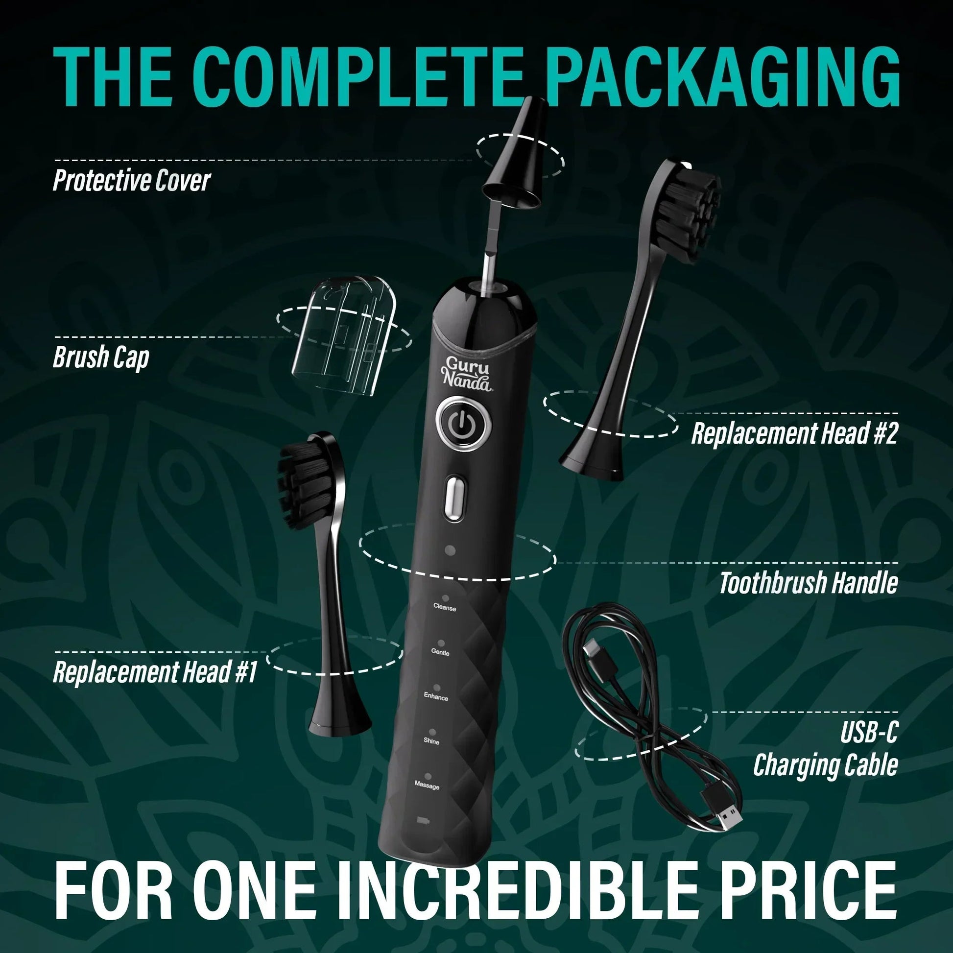 Electric toothbrush set with replacement heads, brush caps, and USB-C charging cable