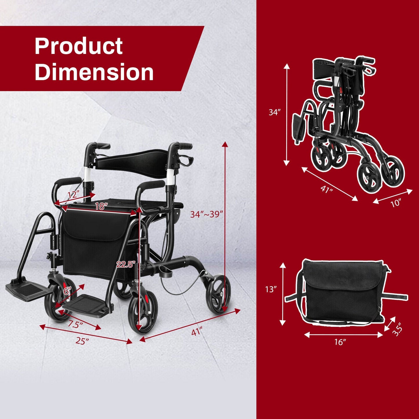 Dimensions of a black walker with measurement details on a red and gray background