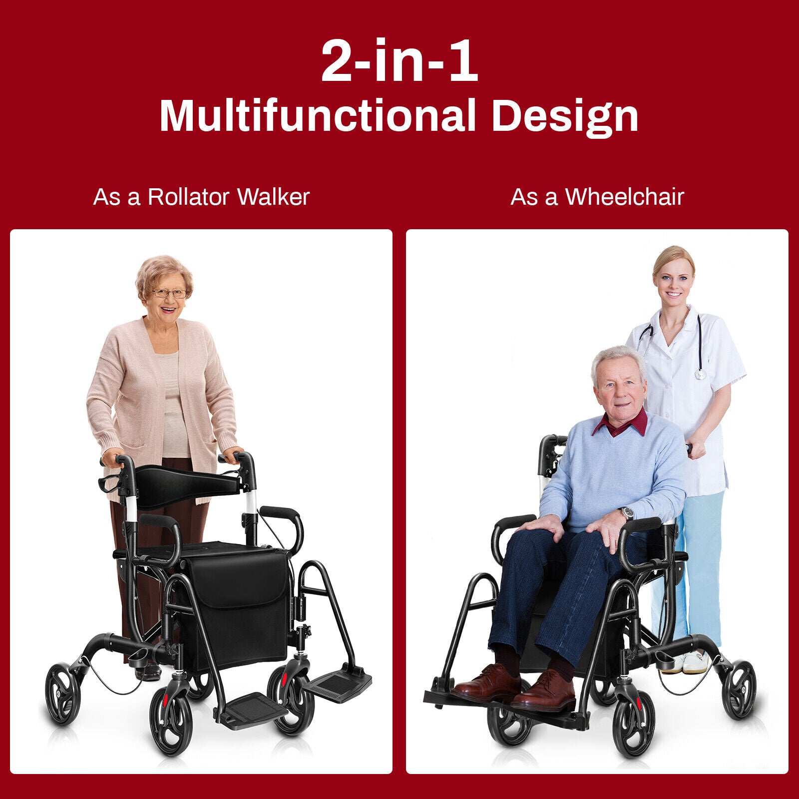 Multifunctional rollator walker and wheelchair with two people using it.