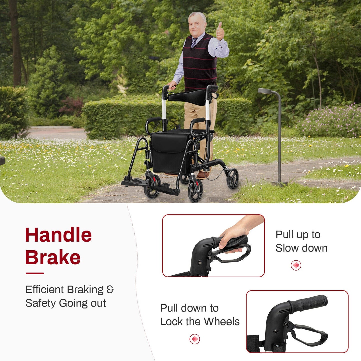 Man using a rollator with handle brake features highlighted