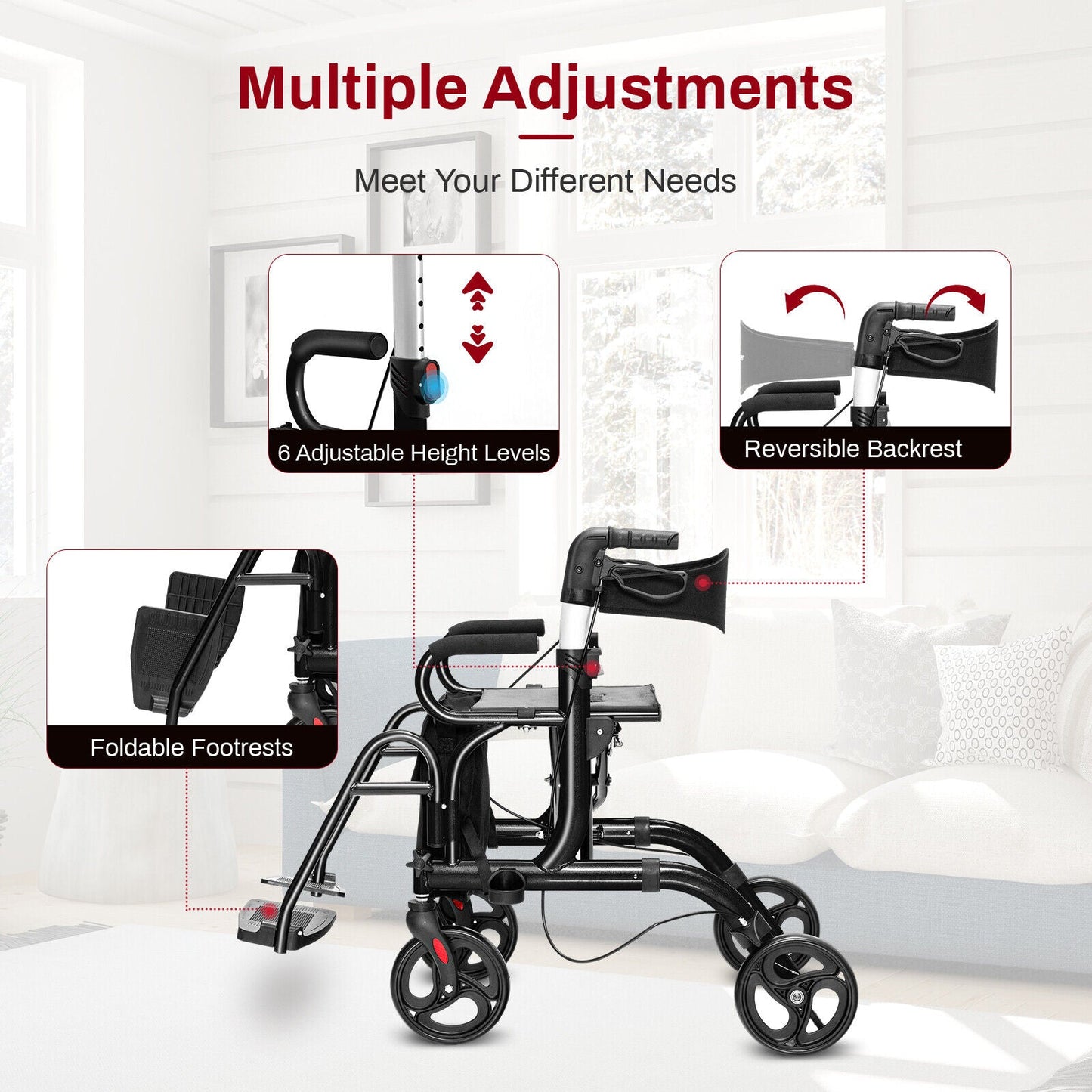 Black rollator with multiple adjustable features on a white background