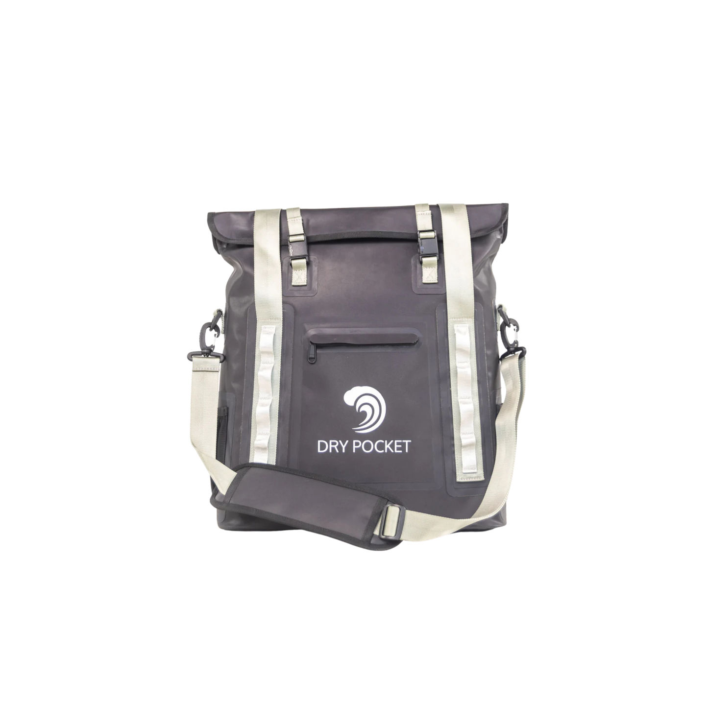 Waterproof floating tote cooler, dark gray with white straps and DRY POCKET logo