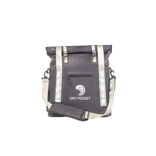 Waterproof floating tote cooler, dark gray with white straps and DRY POCKET logo