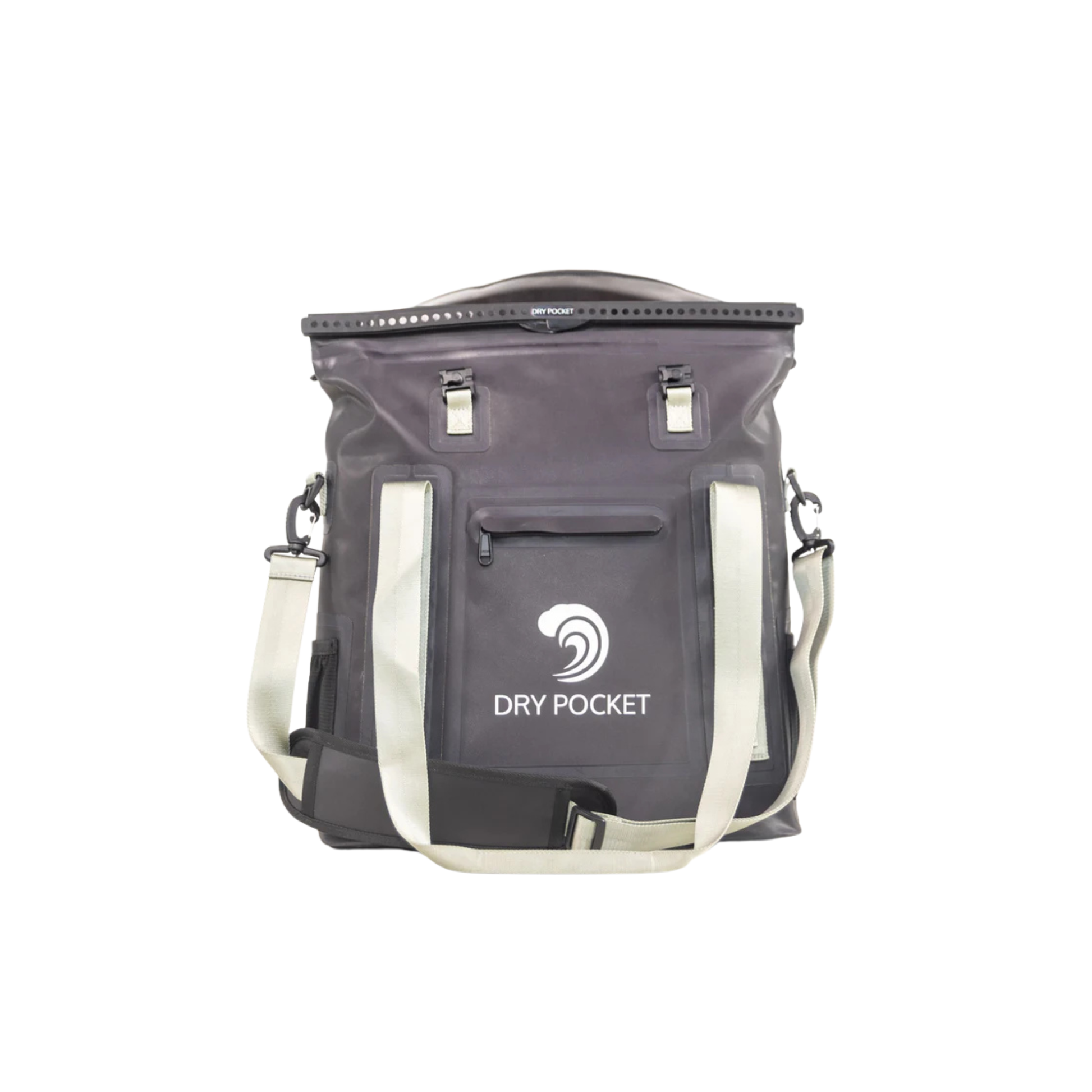 Waterproof floating tote cooler, dark gray with front pocket and white shoulder straps