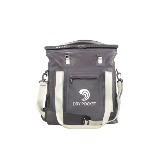 Waterproof floating tote cooler, dark gray with front pocket and white shoulder straps