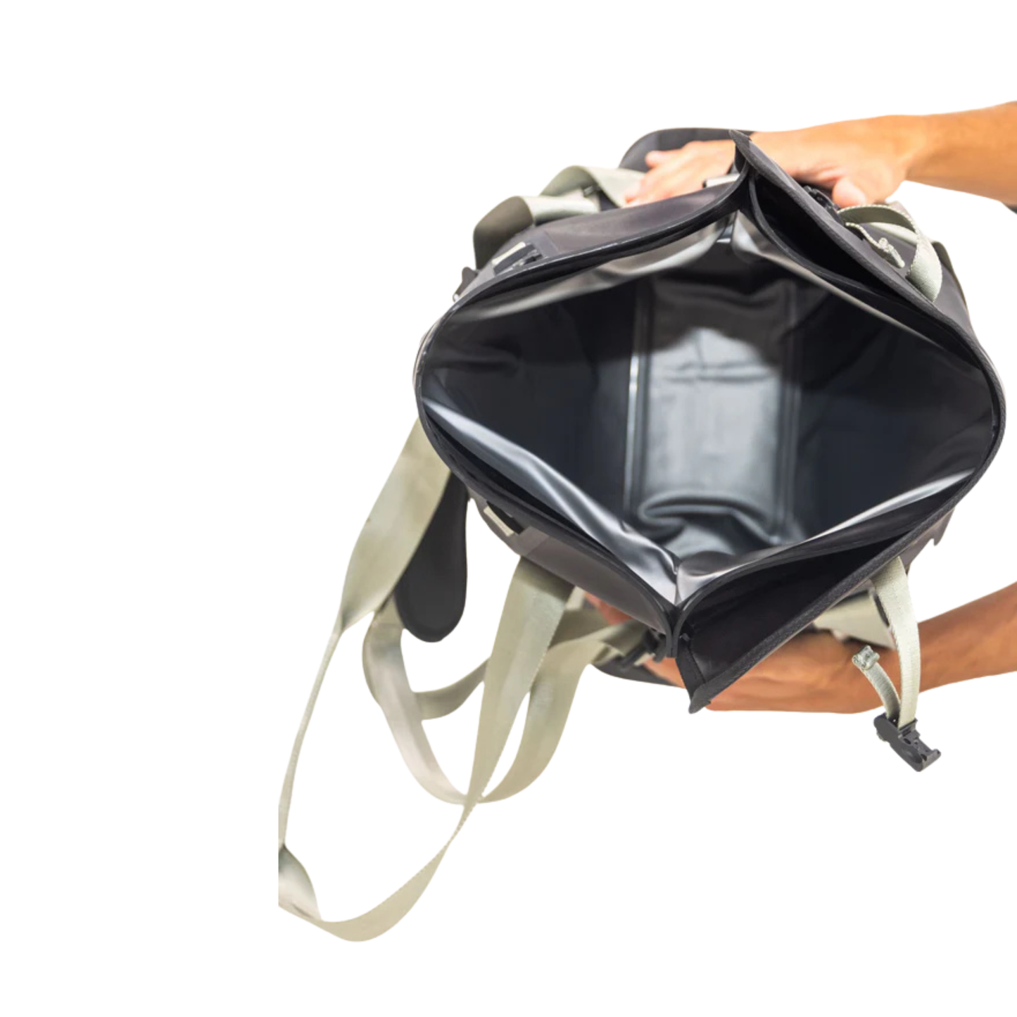 Waterproof floating tote cooler open top, dark gray liner with white carry straps