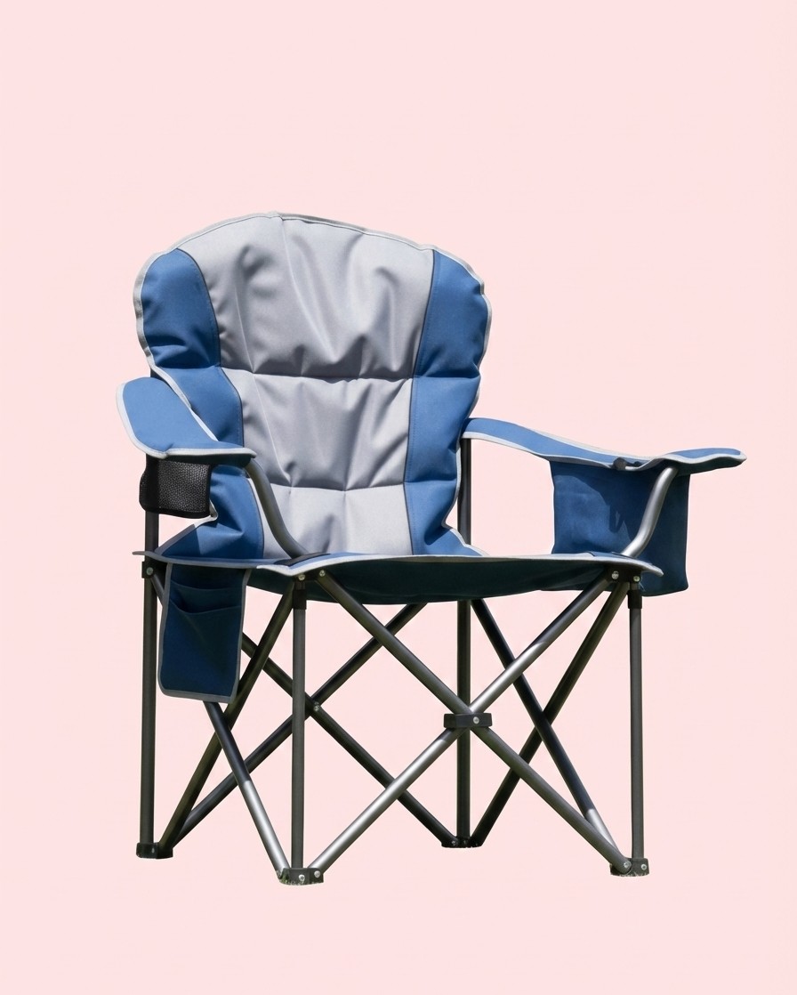 Lake blue folding camping chair back view with gray cushion and side organizer pockets.