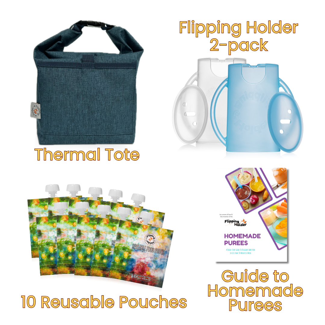 Thermal tote with 2-pack flipper-style holders, reusable pouch packs, and guide cards
