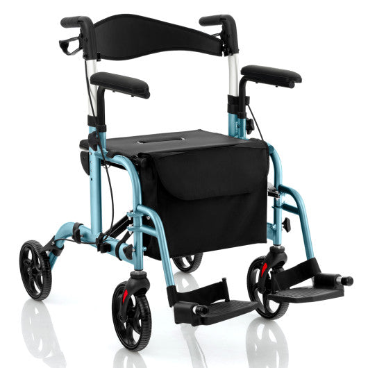 Folding rollator walker with seat, wheels, and armrests, navy blue