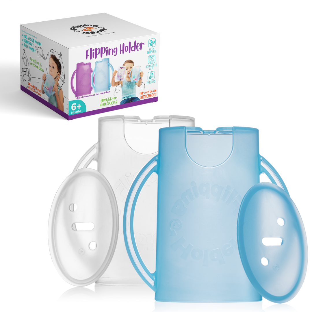 Food pouch holder set with white tray, oval lid, and retail box