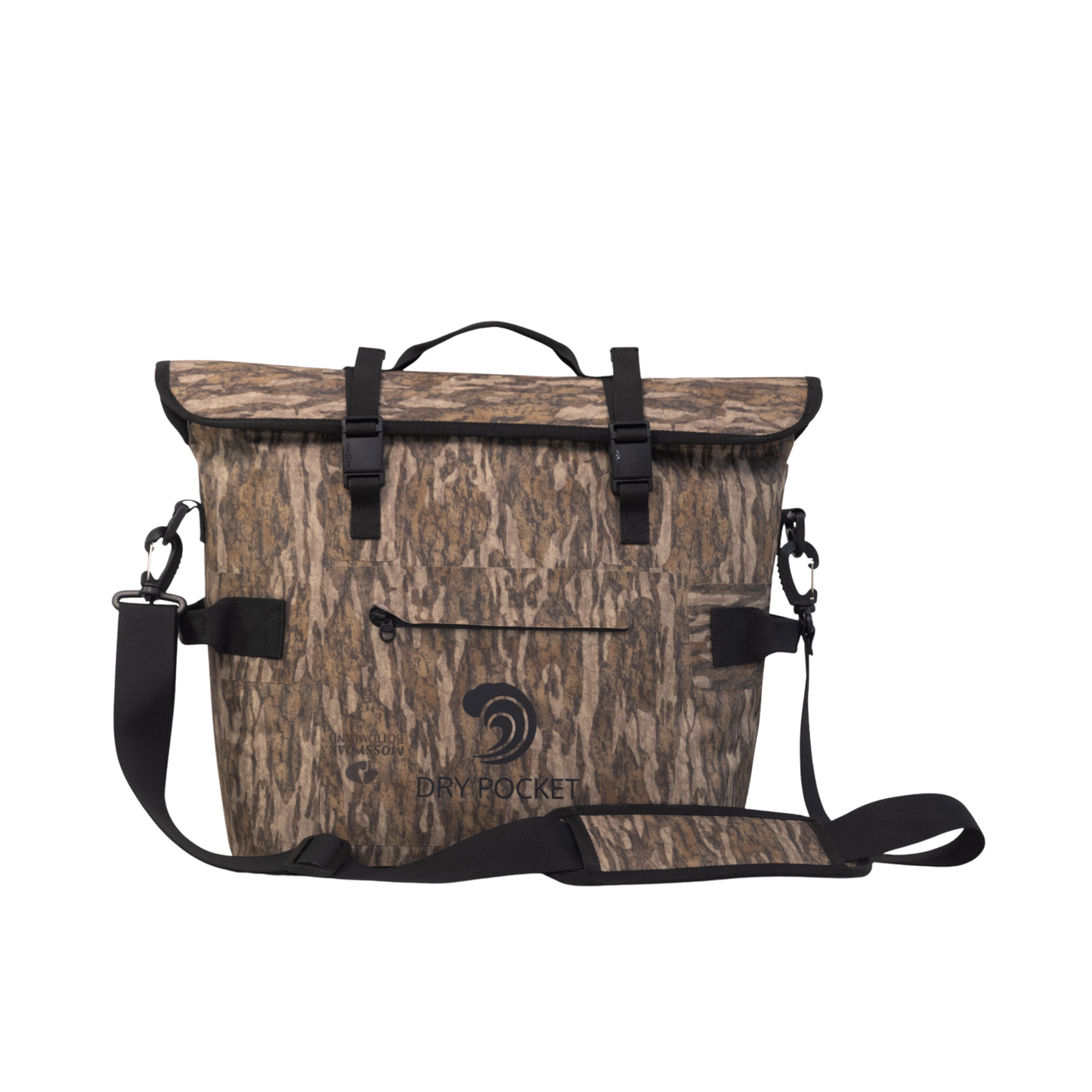 Waterproof floating cooler bag in Mossy Oak camo with black straps and front latch pocket