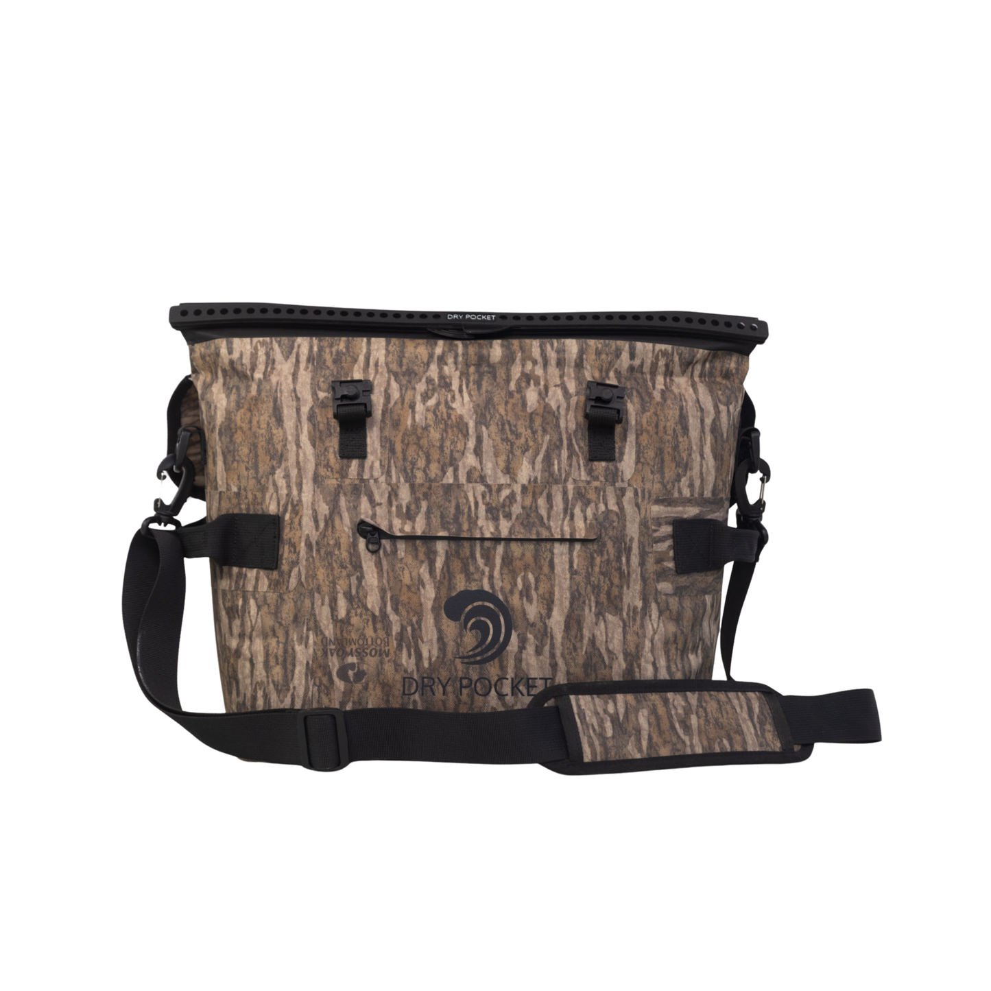Waterproof floating cooler bag in Mossy Oak camo with black side straps and Dry Pocket logo