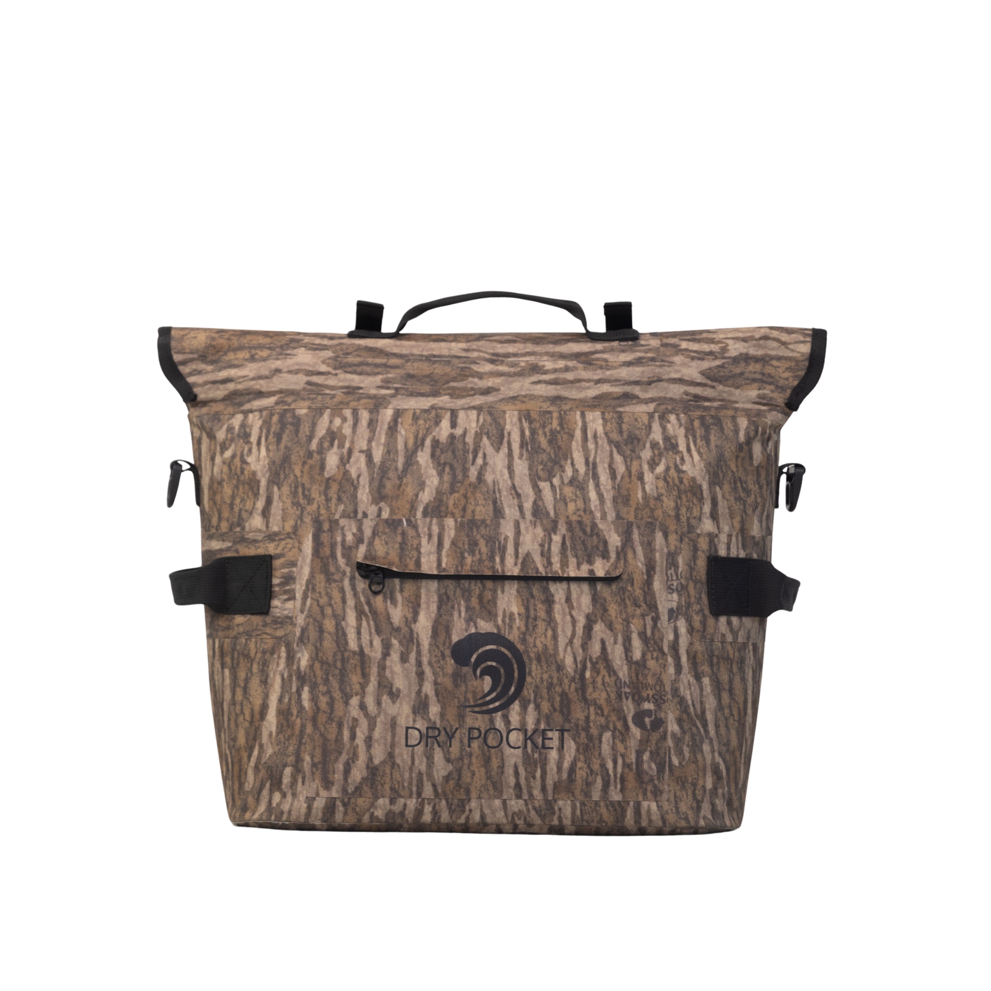 Waterproof floating cooler bag in Mossy Oak camo with black crossbody strap and front pocket