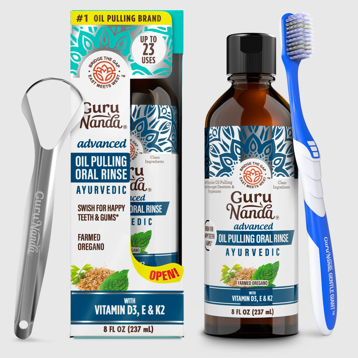 Oil pulling oral rinse kit with bottle, box, and toothbrush