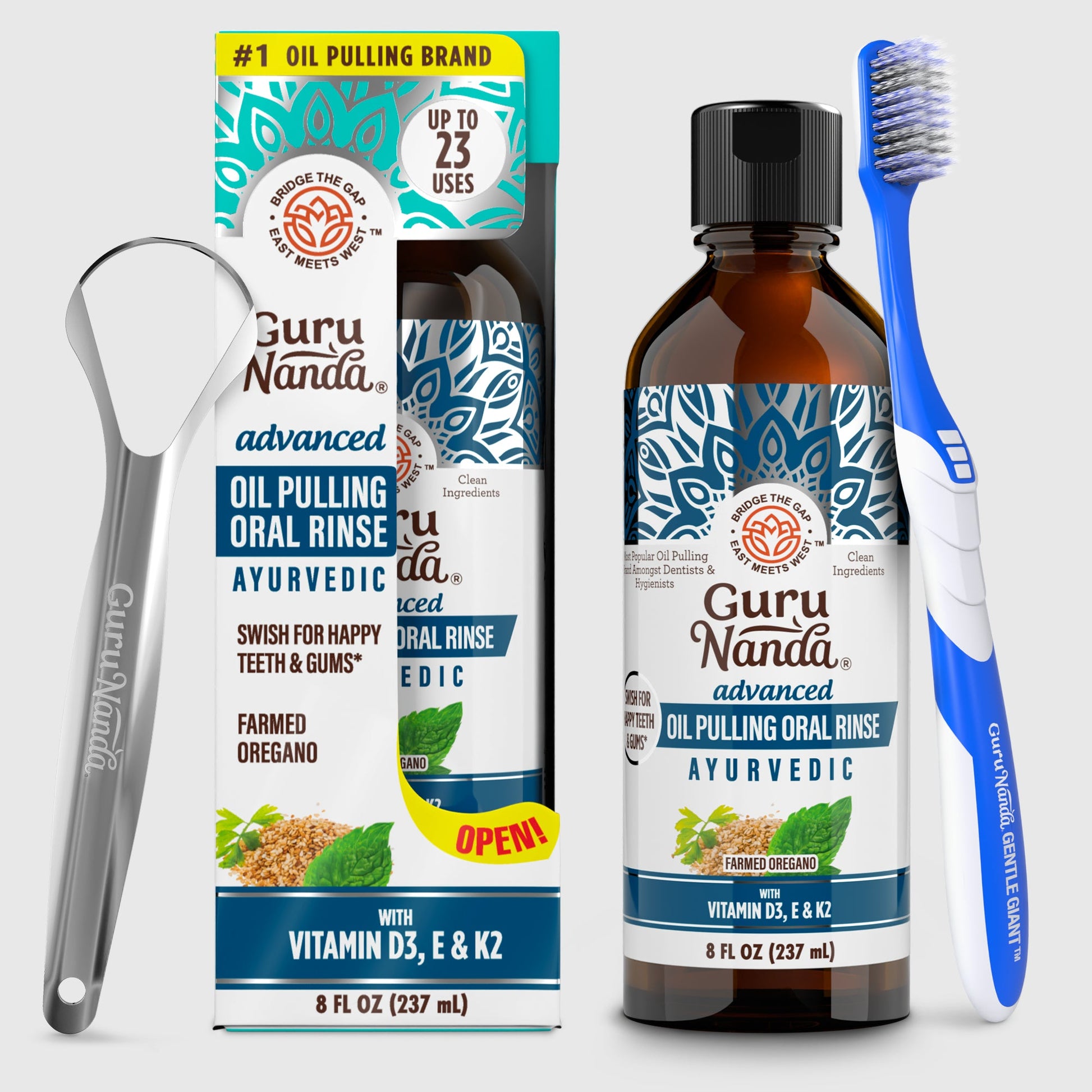 Oil pulling oral rinse kit with bottle, box, and toothbrush