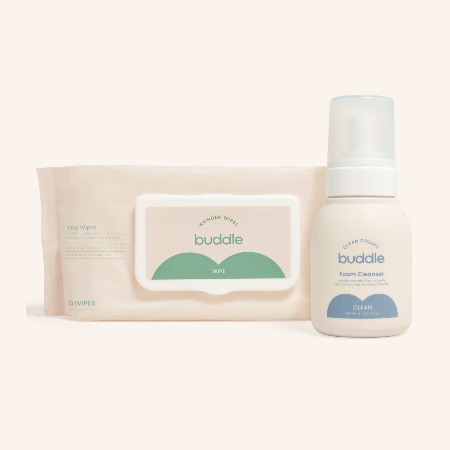 Baby wipes pack and buddle foam cleanser bottle, white and beige with pump top