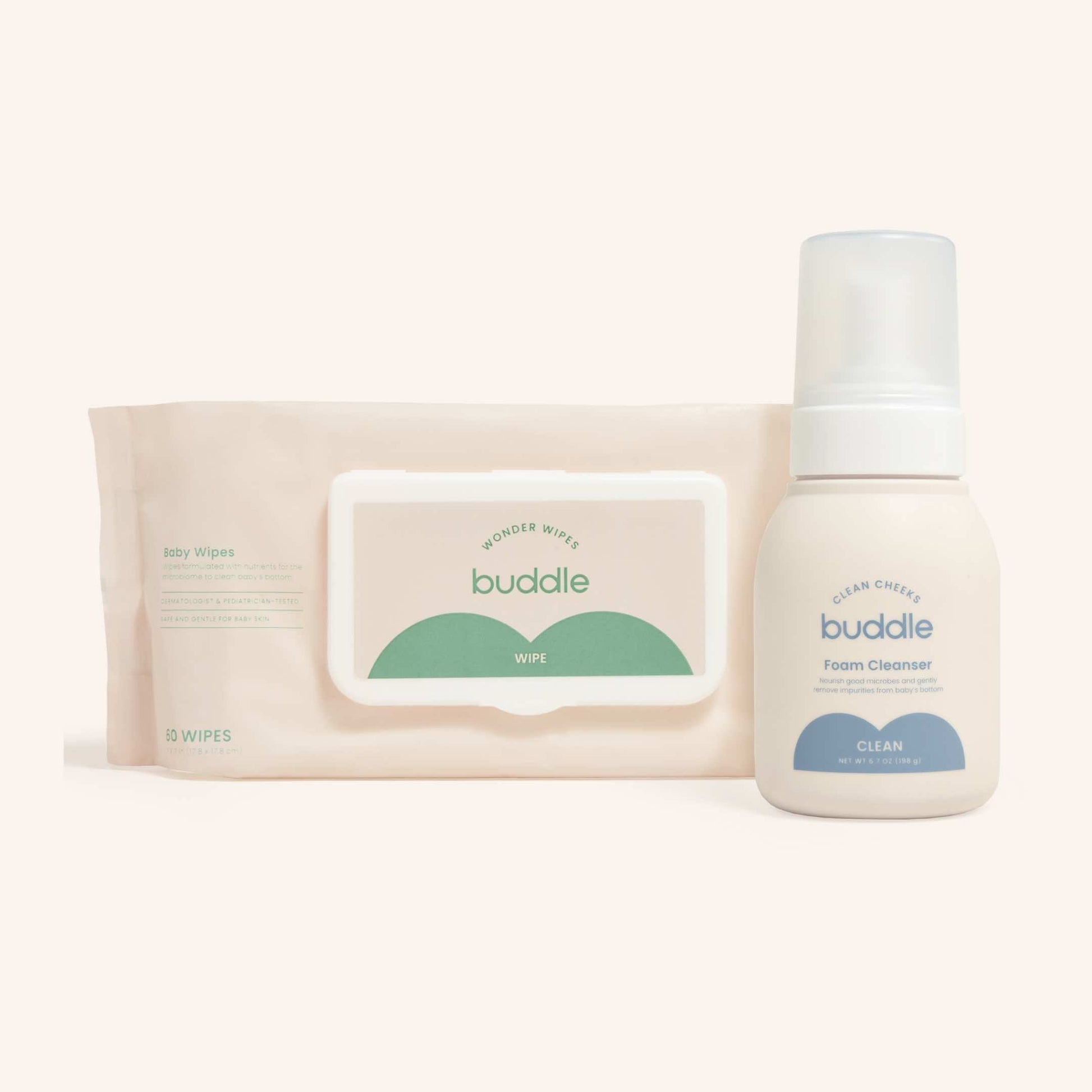 Baby wipes pack and buddle foam cleanser bottle, white and beige with pump top