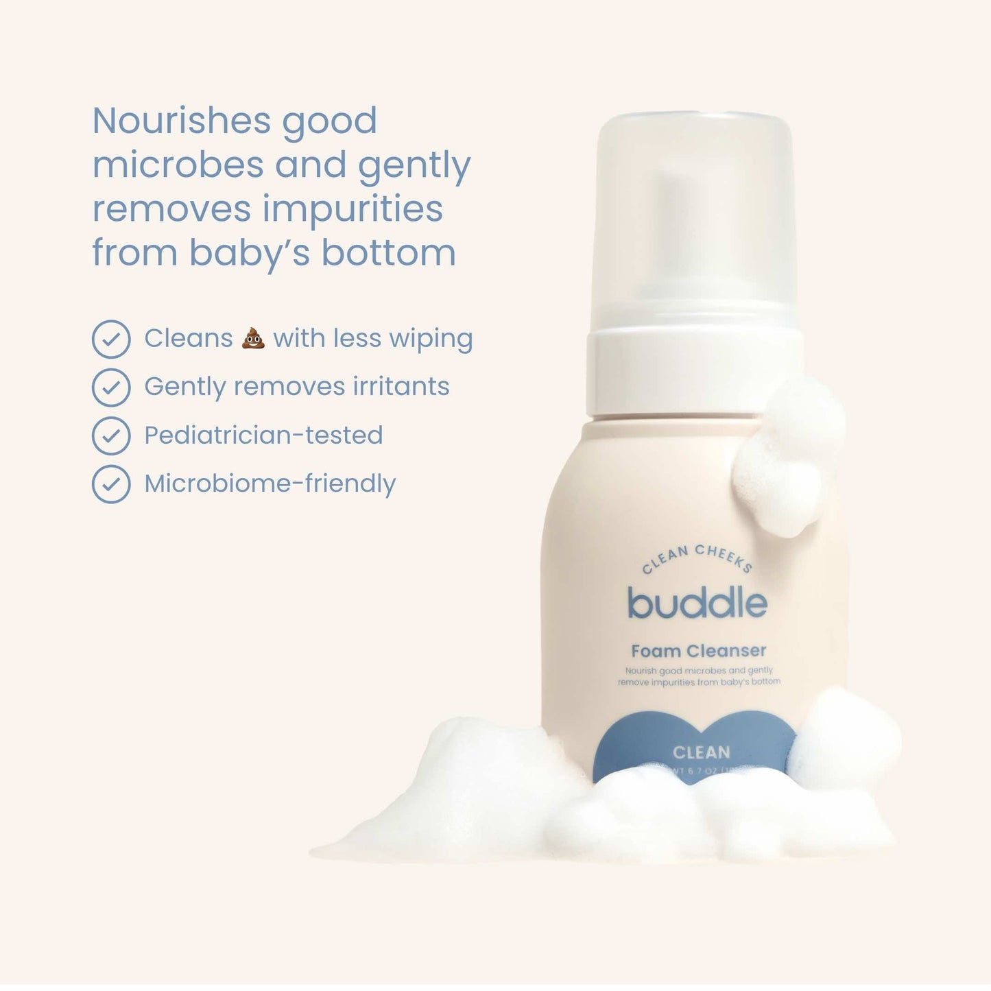Foam cleanser bottle with white foam clouds, clean cheeks label