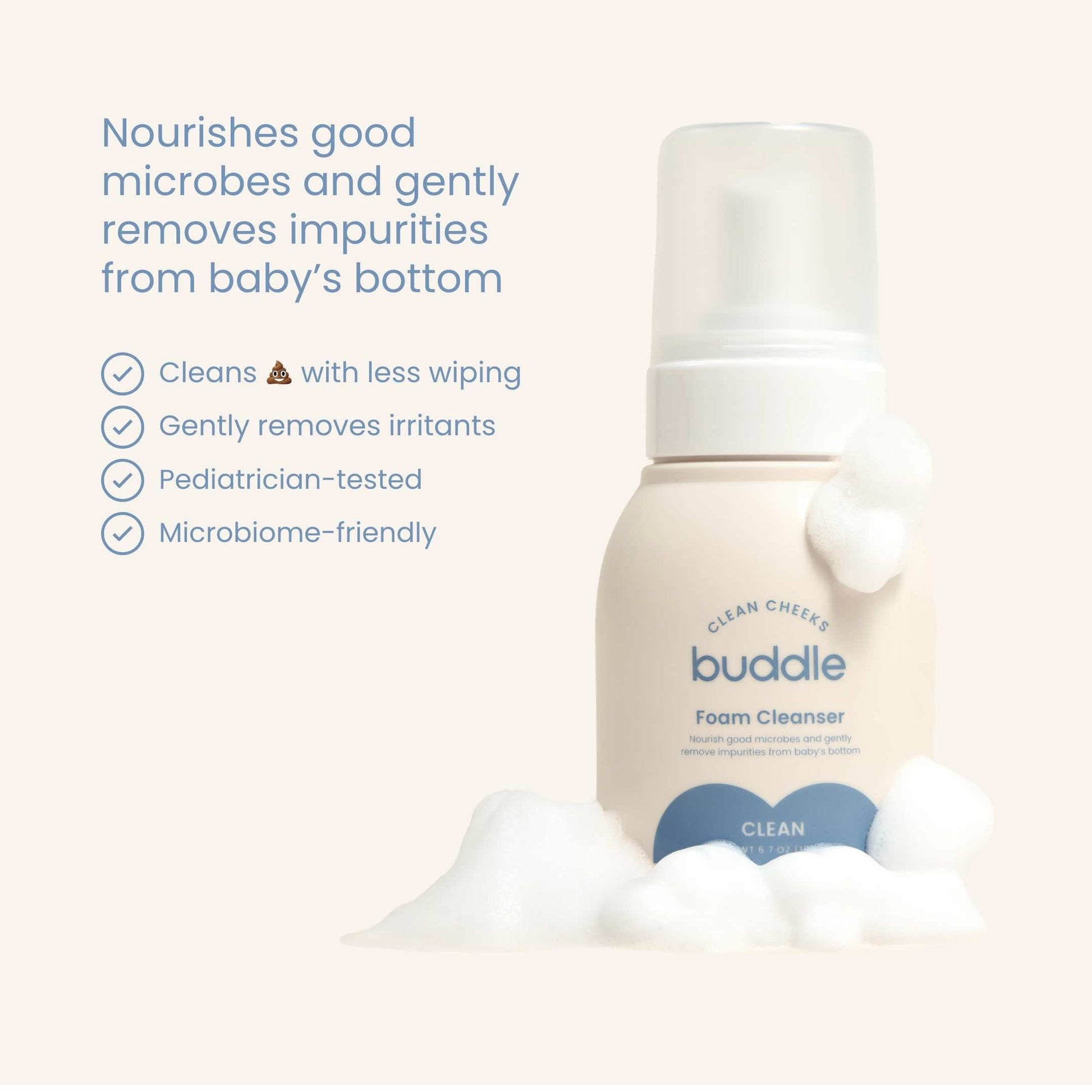 Foam cleanser bottle with white foam clouds, clean cheeks label