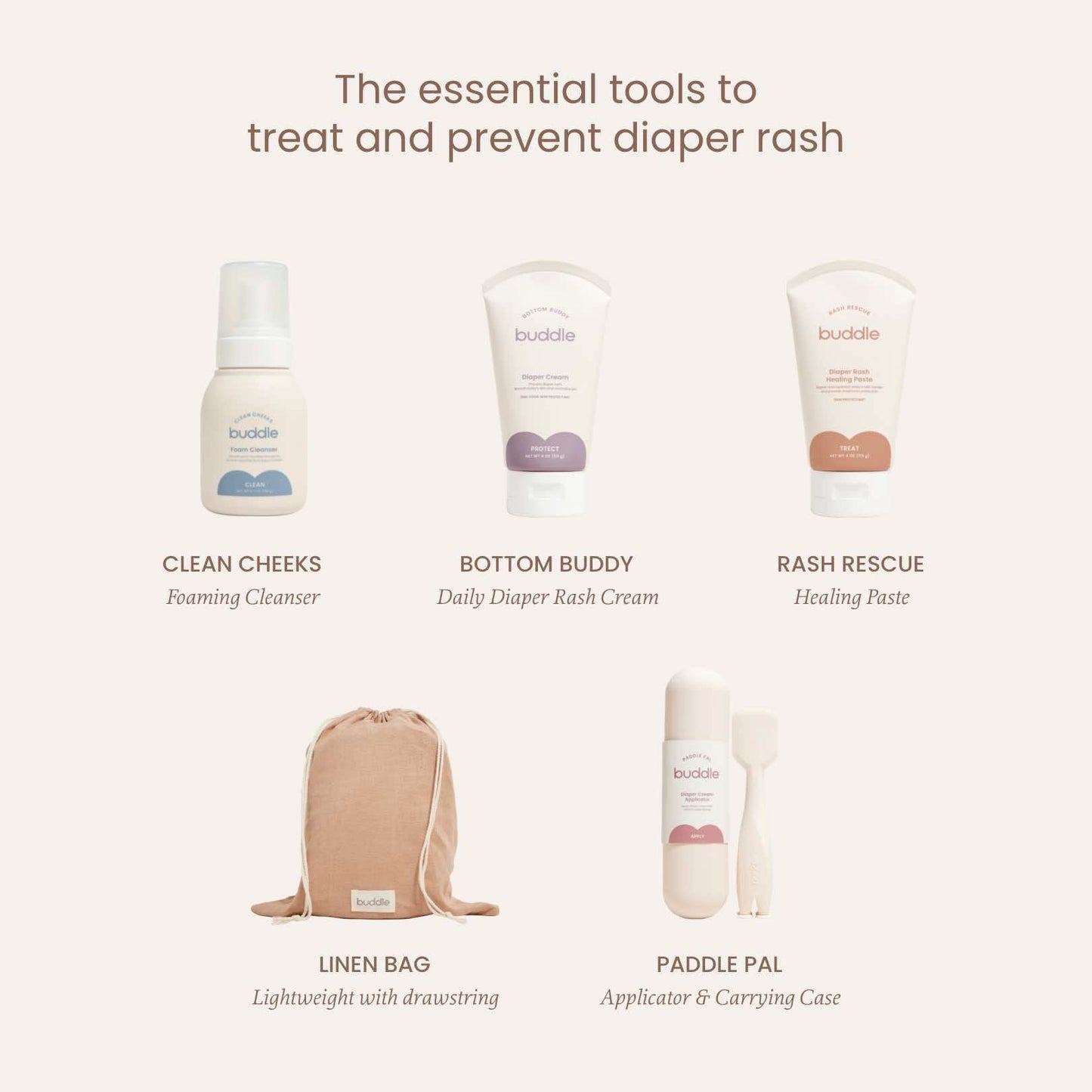 Diaper rash system essentials kit products with linen bag and paddle pal applicator
