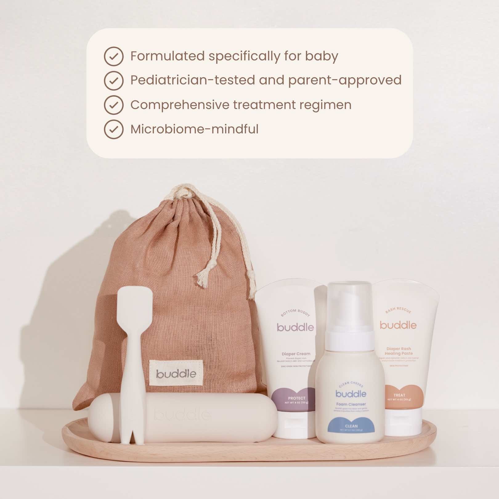 Diaper rash system essentials kit with linen bag, foam cleanser, cream, healing paste, applicator