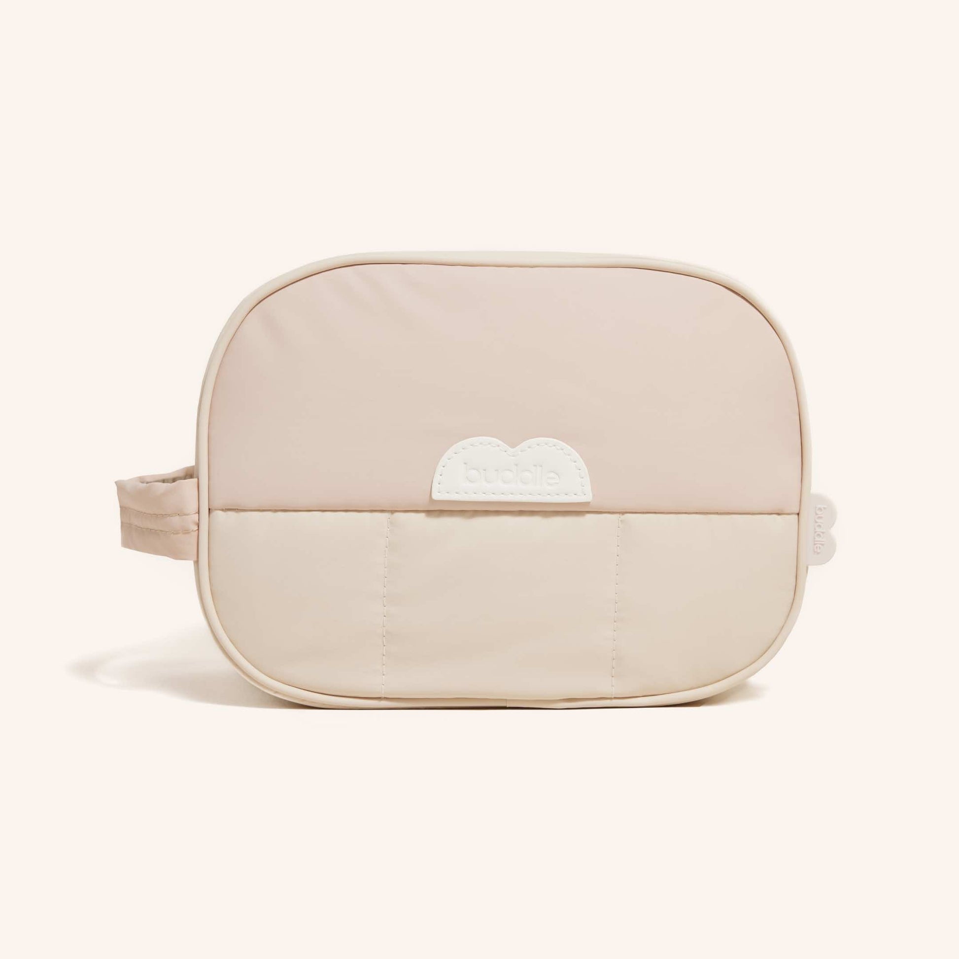 Light beige padded bum bag with top zip and logo patch