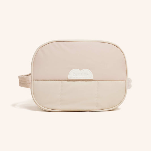 Light beige padded bum bag with top zip and logo patch