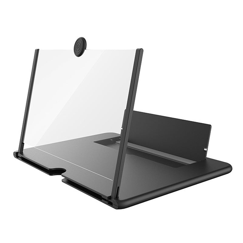 Black phone screen magnifier stand with foldable lens panel and angled base