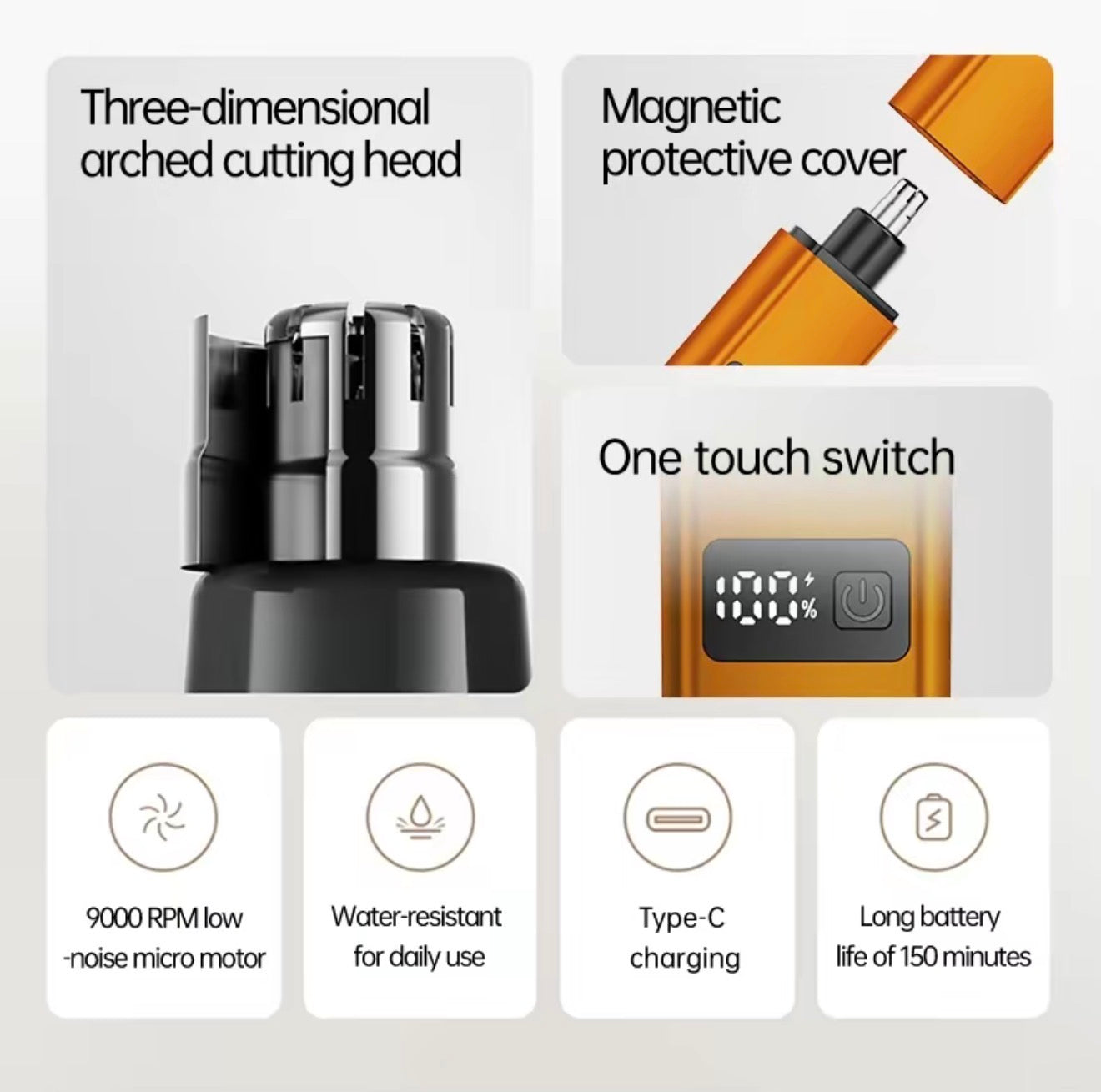 Nose trimmer with detachable blade head and protective cover, one-touch switch