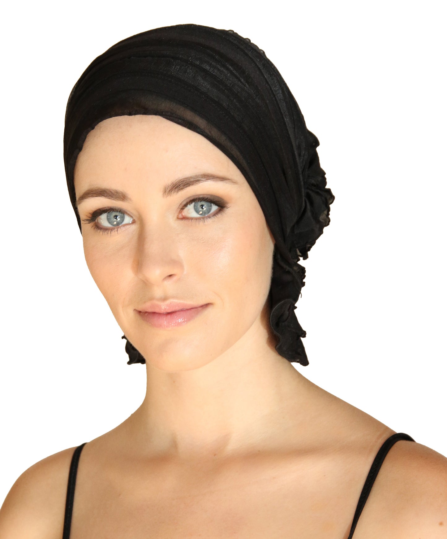 Black chemo beanie with layered bands and side bow detail