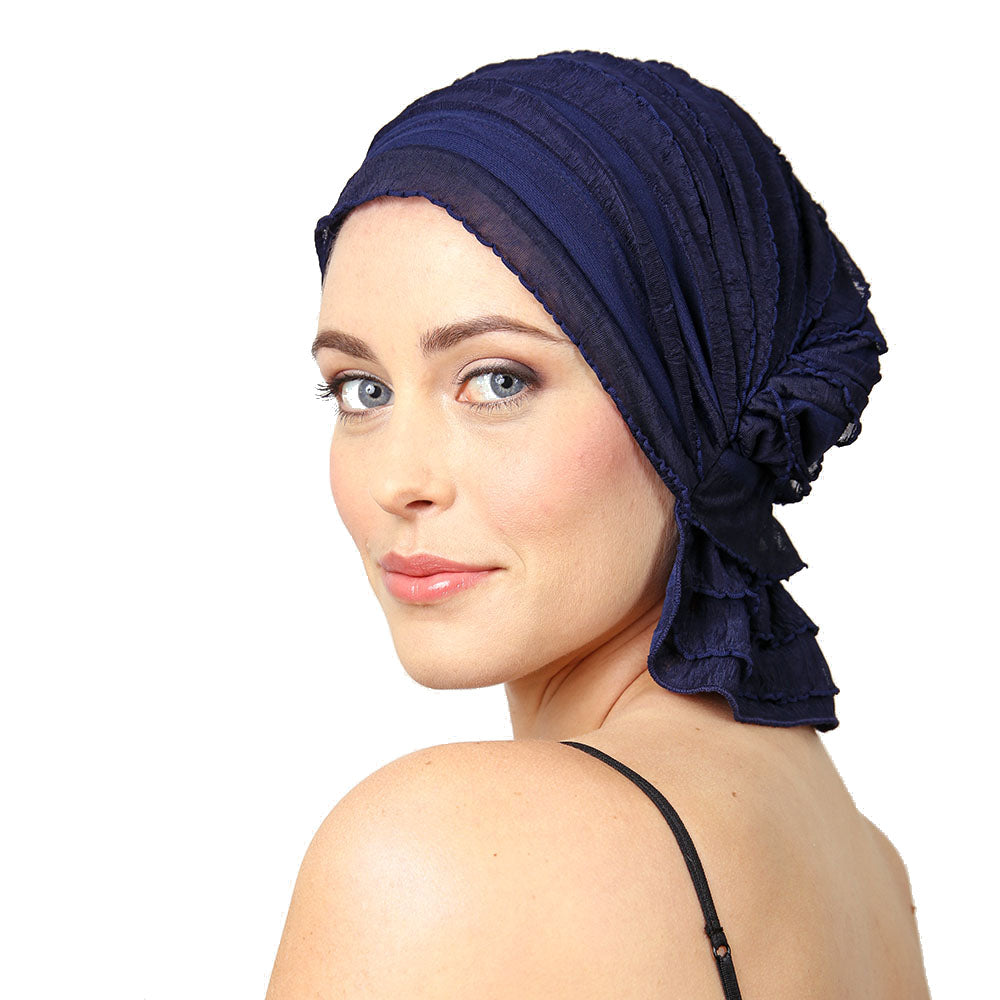 Navy pleated chemo beanie with ruched side flower detail