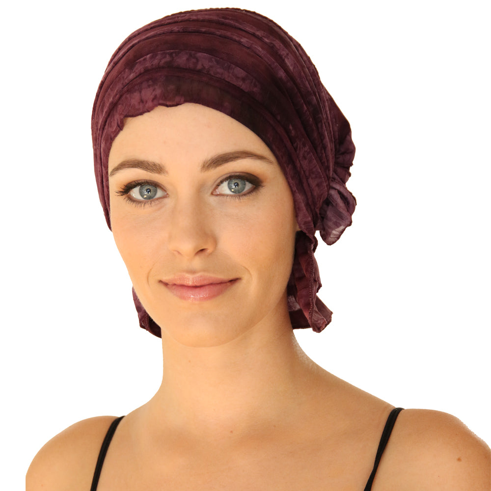 Burgundy chemo beanie cap with ruched stripes and side bow