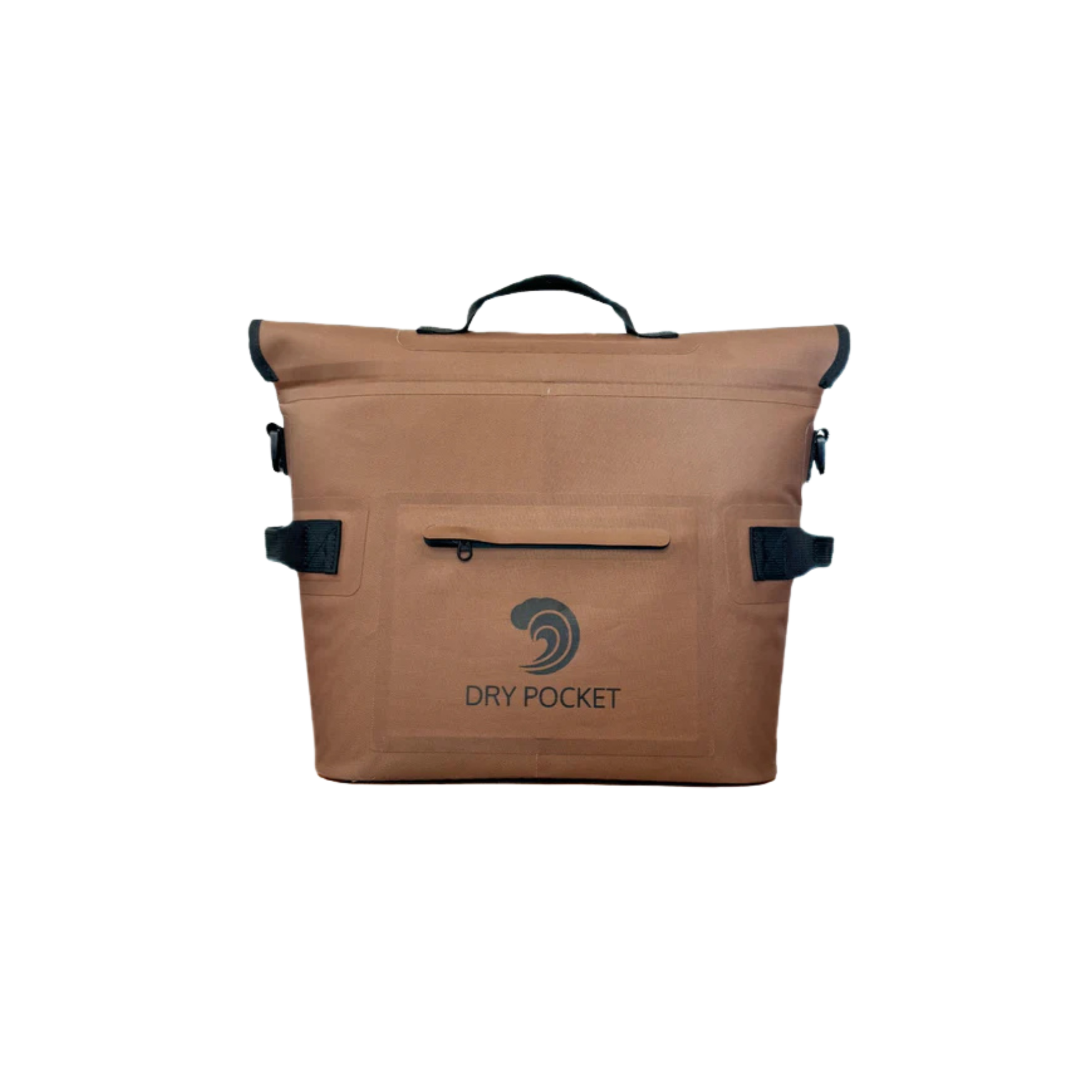 Coyote brown waterproof floating cooler bag with DRY POCKET logo and black side straps