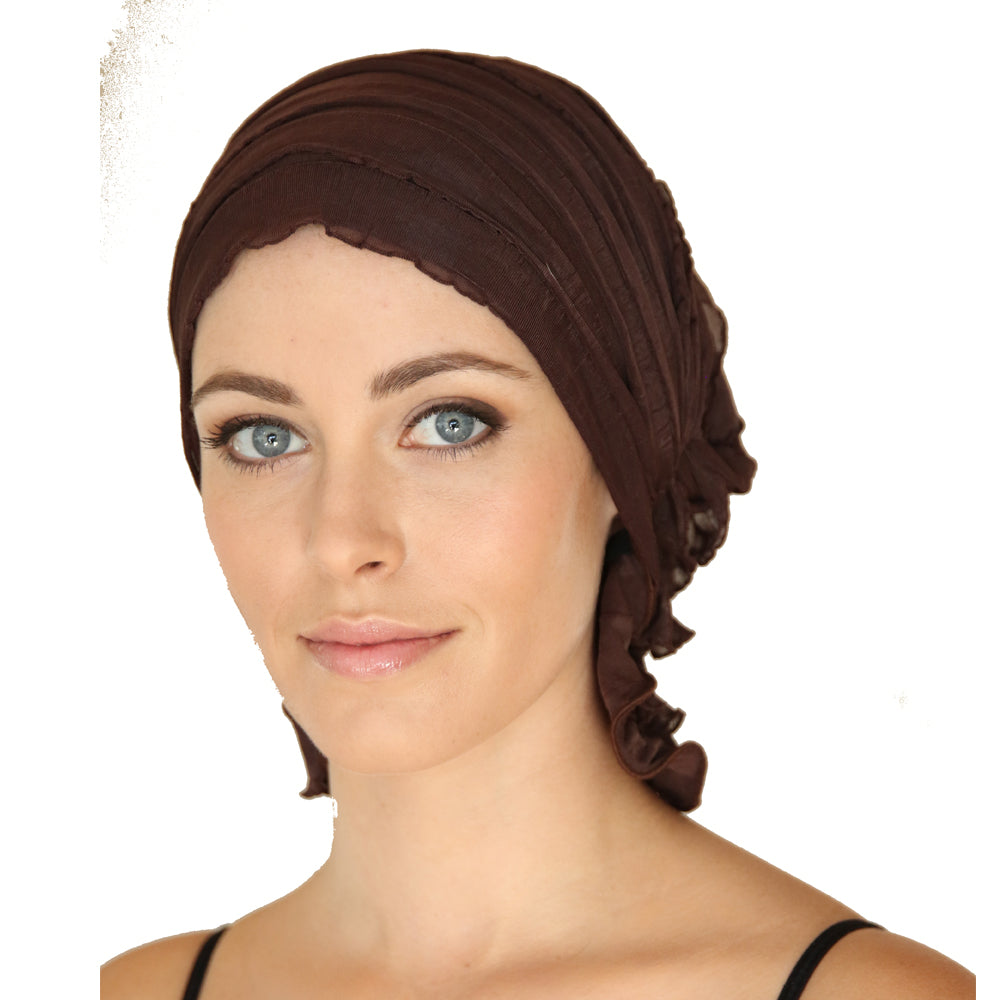 Brown ruched chemo beanie hat with soft fold and braided trim at side, front view