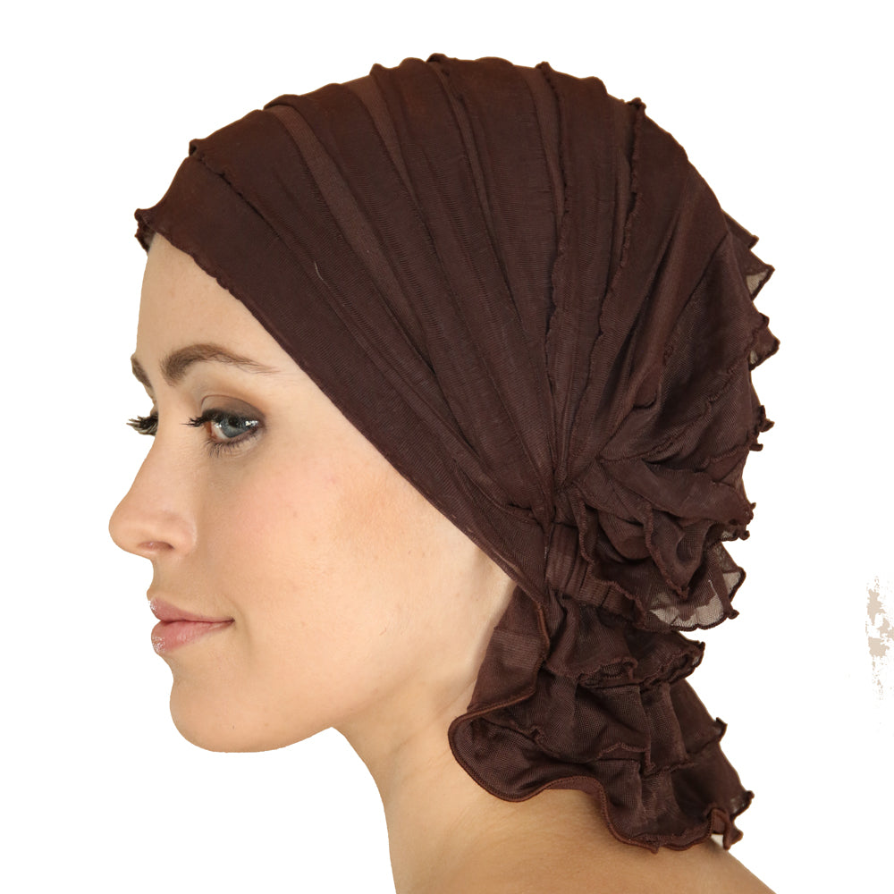 Brown chemo beanie with gathered fan texture and large side ruffle, side view