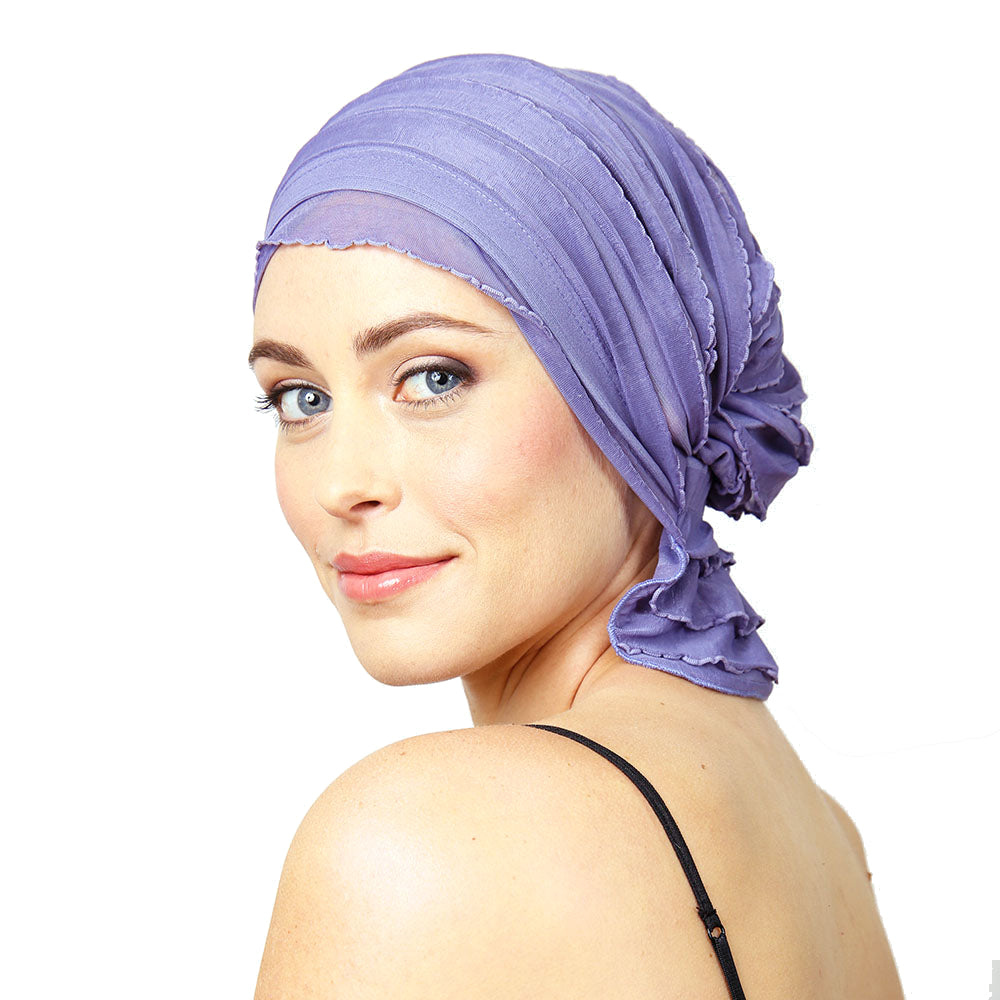 Lavender ribbed chemo beanie with gathered side wrap