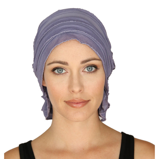 Lavender ribbed chemo beanie covering hair and ears